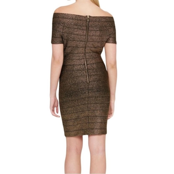 GUESS Bodycon Bandage Metallic Gold off the shoulder dress in US 10 M Black tie - Picture 3 of 11